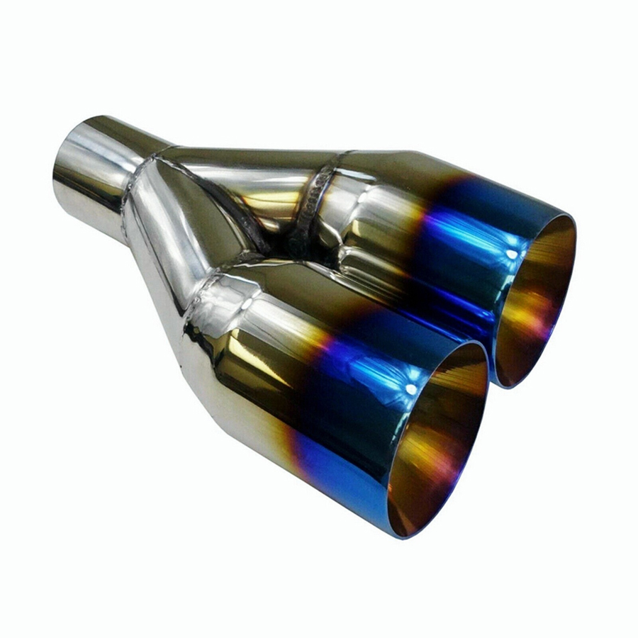 Polished Stainless Steel 2.5In 3.5Out  2X Blue Burnt Exhaust Duo Slanted Exhaust Tip