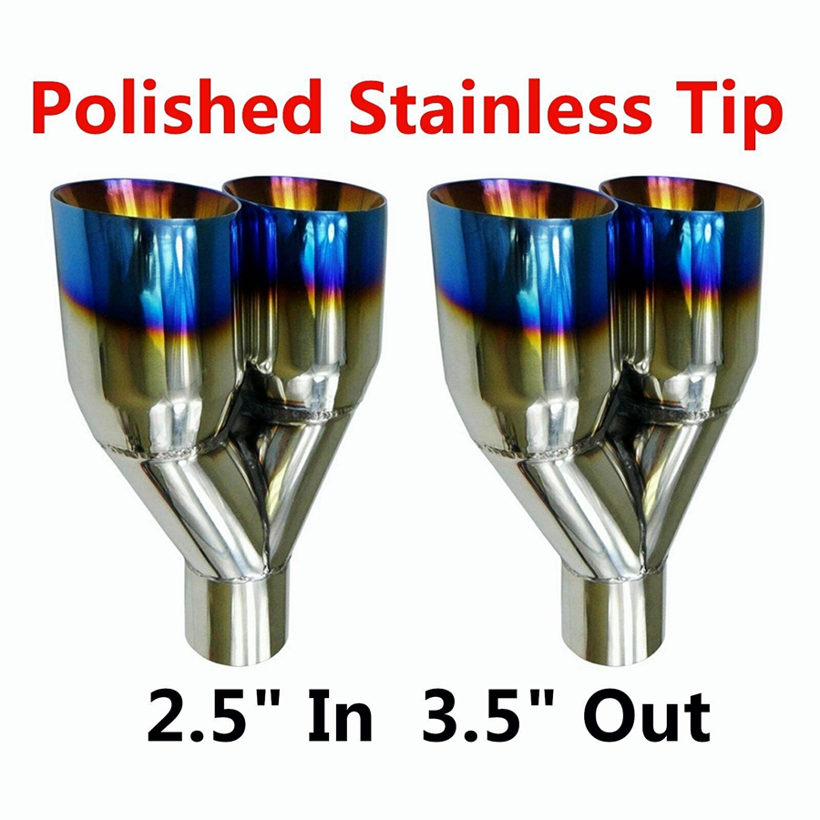 Polished Stainless Steel 2.5In 3.5Out  2X Blue Burnt Exhaust Duo Slanted Exhaust Tip